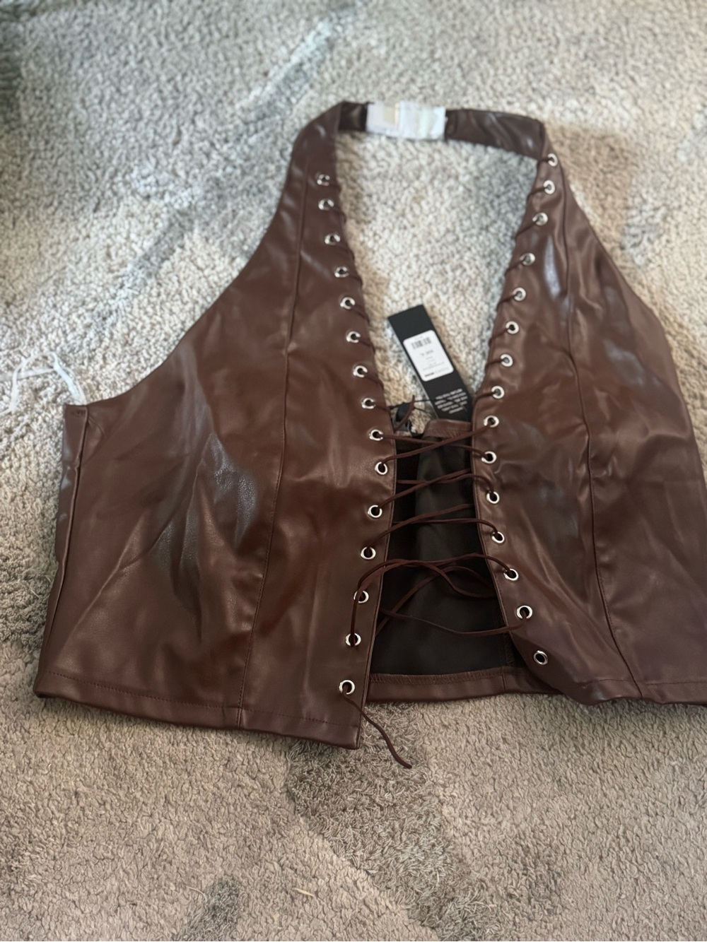 Fashion Nova Brown Faux Leather Lace-Up Halter Top